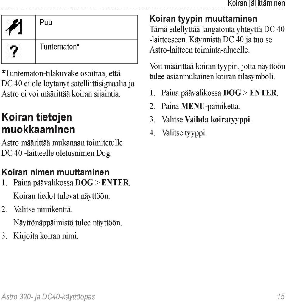 Koiran jäljittäminen Koiran tyypin muuttaminen Tämä edellyttää langatonta yhteyttä DC 40 -laitteeseen. Käynnistä DC 40 ja tuo se Astro-laitteen toiminta-alueelle.