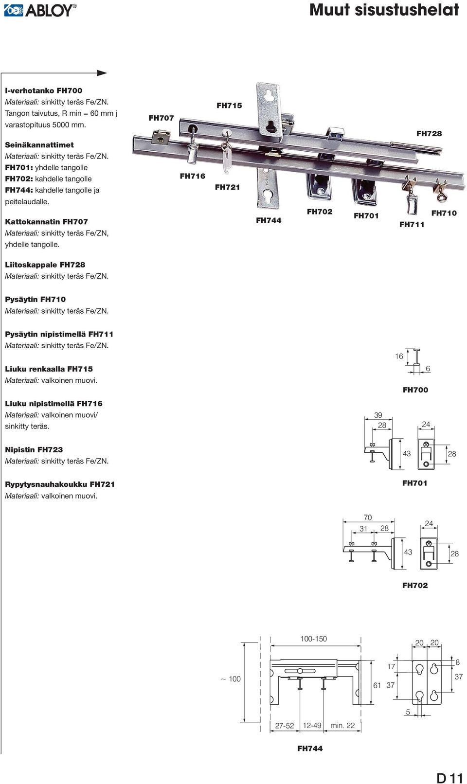 FH707 FH7 FH7 FH721 FH744 FH702 FH701 FH711 FH728 FH710 Liitoskappale FH728 Materiaali: sinkitty teräs Fe/ZN. Pysäytin FH710 Materiaali: sinkitty teräs Fe/ZN.