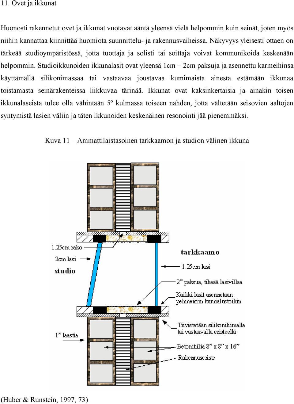 Studioikkunoiden ikkunalasit ovat yleensä 1cm 2cm paksuja ja asennettu karmeihinsa käyttämällä silikonimassaa tai vastaavaa joustavaa kumimaista ainesta estämään ikkunaa toistamasta seinärakenteissa