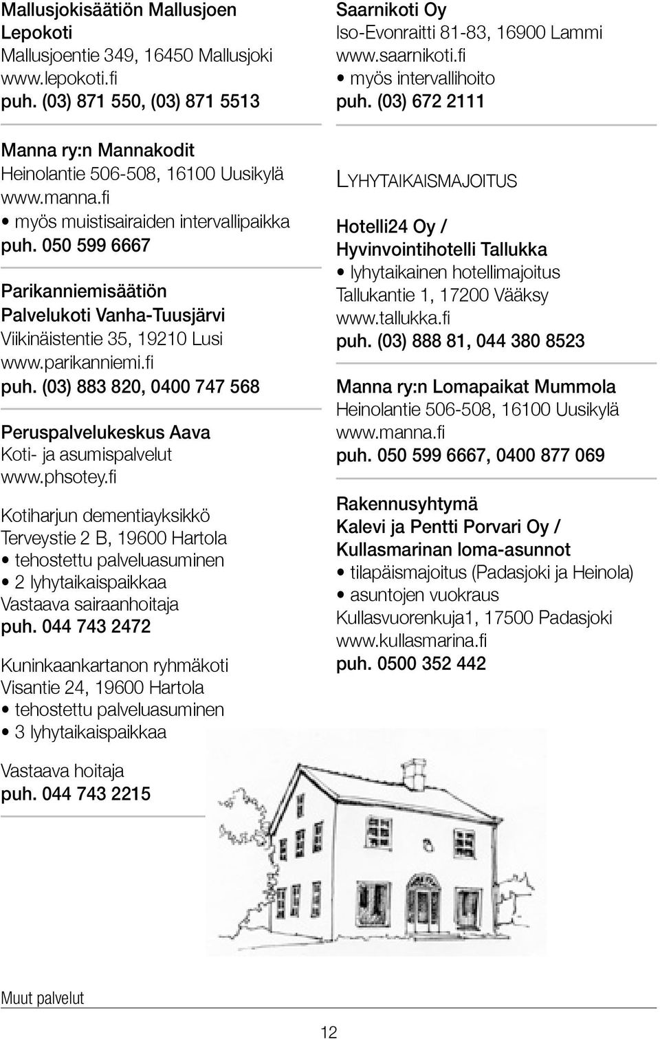 (03) 883 820, 0400 747 568 Peruspalvelukeskus Aava Koti- ja asumispalvelut Kotiharjun dementiayksikkö Terveystie 2 B, 19600 Hartola tehostettu palveluasuminen 2 lyhytaikaispaikkaa Vastaava