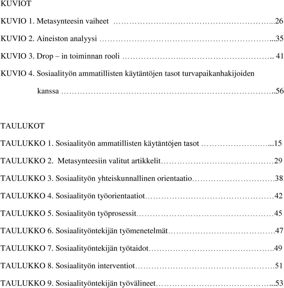 Metasynteesiin valitut artikkelit 29 TAULUKKO 3. Sosiaalityön yhteiskunnallinen orientaatio.38 TAULUKKO 4. Sosiaalityön työorientaatiot 42 TAULUKKO 5.