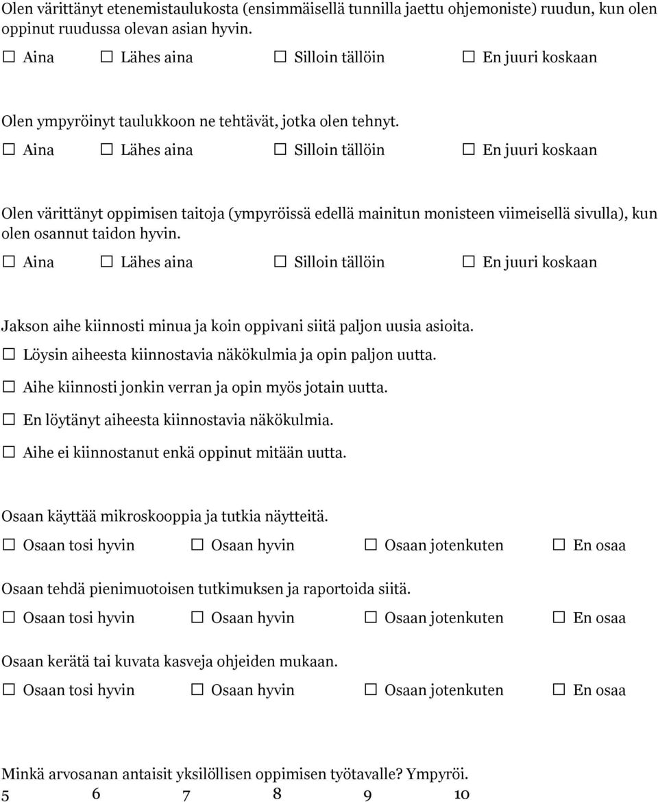 Aina Lähes aina Silloin tällöin En juuri koskaan Olen värittänyt oppimisen taitoja (ympyröissä edellä mainitun monisteen viimeisellä sivulla), kun olen osannut taidon hyvin.