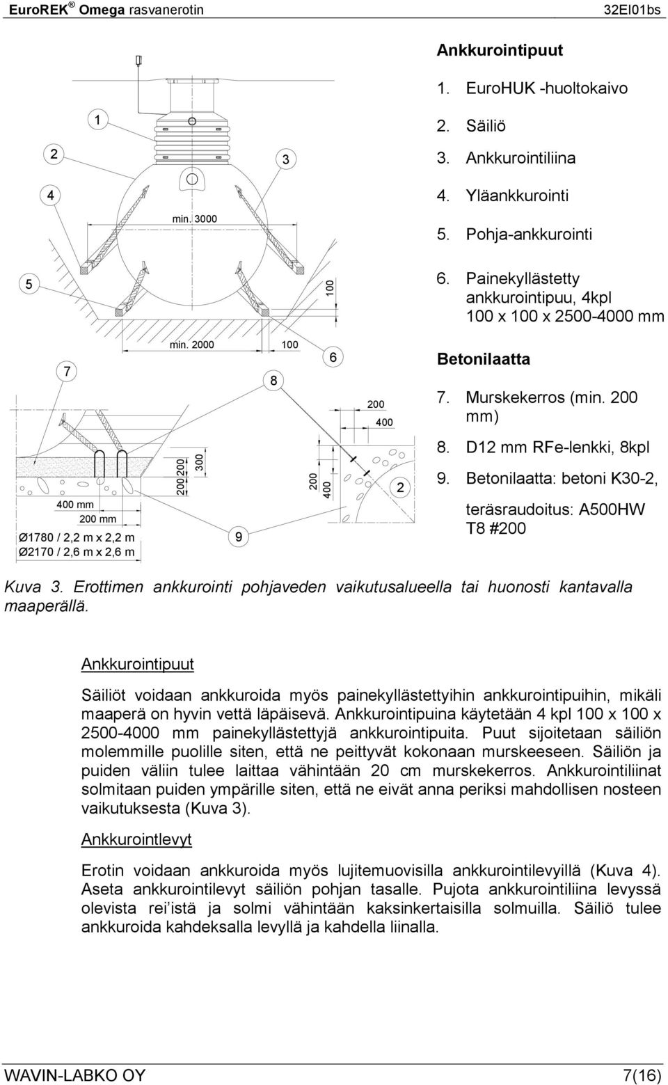 200 mm) 400 mm 200 mm Ø1780 / 2,2 m x 2,2 m Ø2170 / 2,6 m x 2,6 m 200 200 300 9 200 400 2 8. D12 mm RFe-lenkki, 8kpl 9. Betonilaatta: betoni K30-2, teräsraudoitus: A500HW T8 #200 Kuva 3.