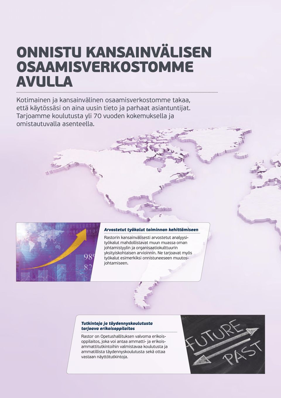 Arvostetut työkalut toiminnan kehittämiseen Rastorin kansainvälisesti arvostetut analyysityökalut mahdollistavat muun muassa oman johtamistyylin ja organisaatiokulttuurin yksityiskohtaisen