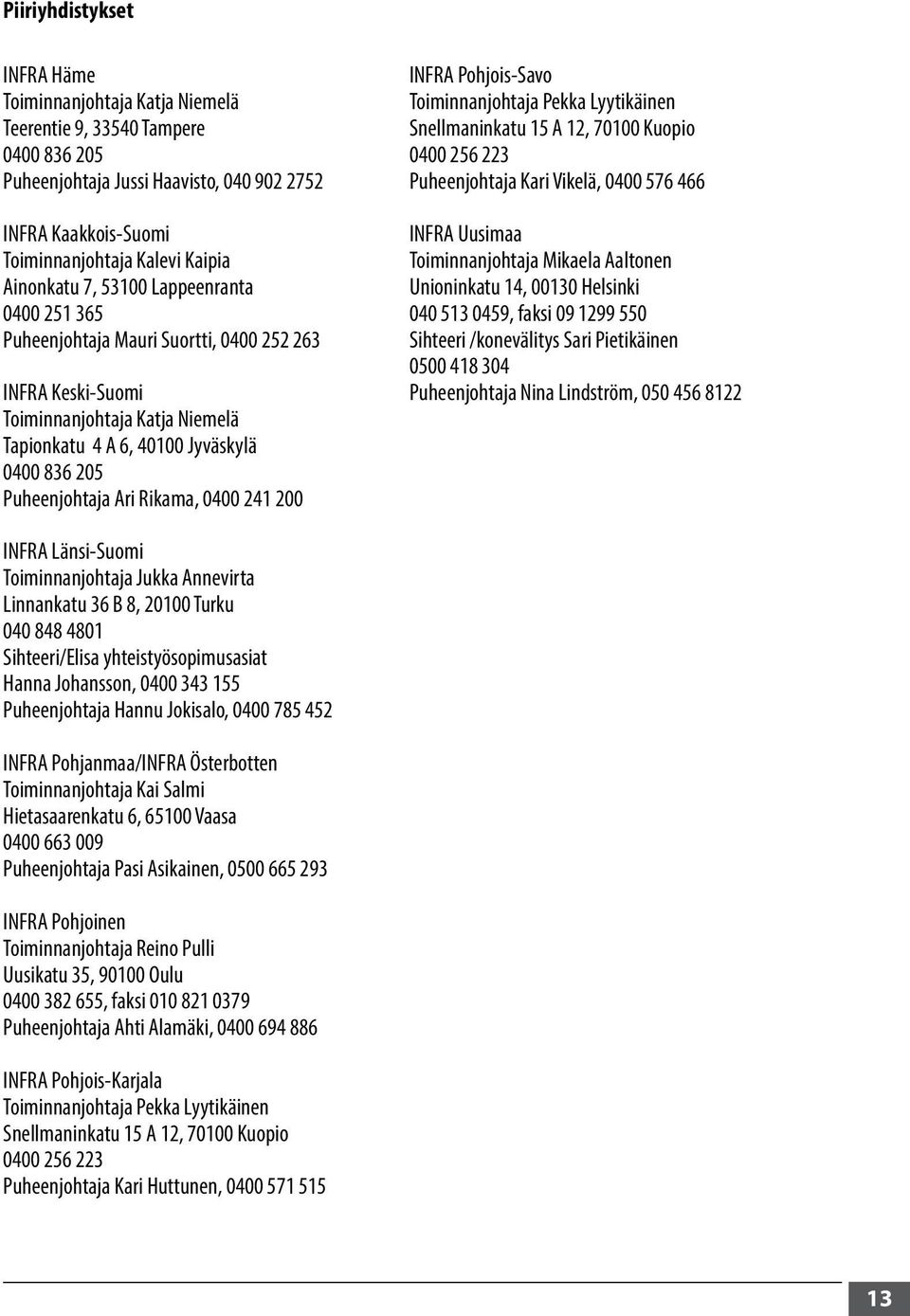 Ari Rikama, 0400 241 200 INFRA Pohjois-Savo Toiminnanjohtaja Pekka Lyytikäinen Snellmaninkatu 15 A 12, 70100 Kuopio 0400 256 223 Puheenjohtaja Kari Vikelä, 0400 576 466 INFRA Uusimaa Toiminnanjohtaja