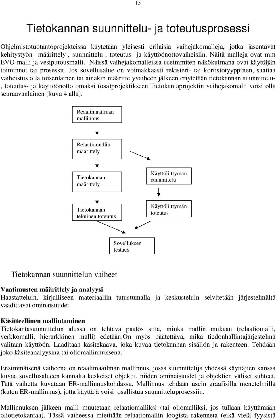 Jos sovellusalue on voimakkaasti rekisteri- tai kortistotyyppinen, saattaa vaiheistus olla toisenlainen tai ainakin määrittelyvaiheen jälkeen eriytetään tietokannan suunnittelu-, toteutus- ja