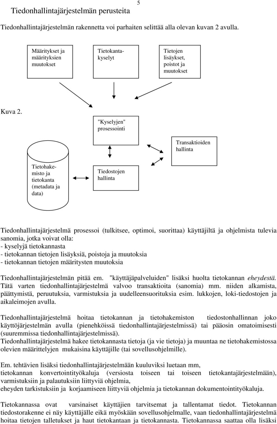 "Kyselyjen" prosessointi Transaktioiden hallinta Tietohakemisto ja tietokanta (metadata ja data) Tiedostojen hallinta Tiedonhallintajärjestelmä prosessoi (tulkitsee, optimoi, suorittaa) käyttäjiltä