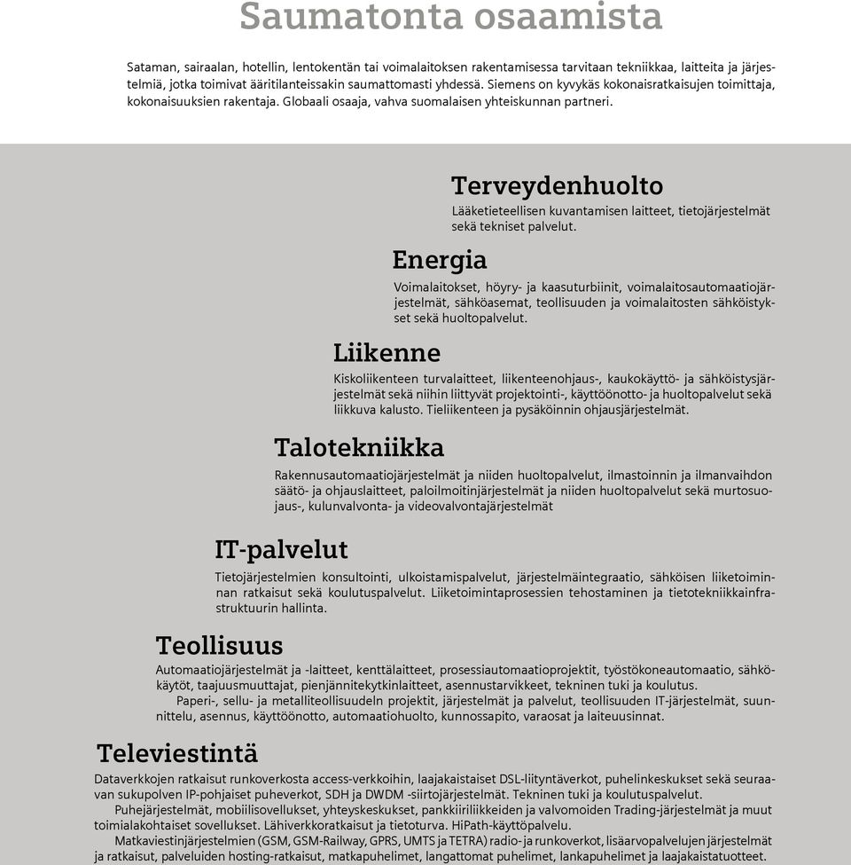 Televiestintä IT-palvelut Teollisuus Energia Liikenne Terveydenhuolto Lääketieteellisen kuvantamisen laitteet, tietojärjestelmät sekä tekniset palvelut.