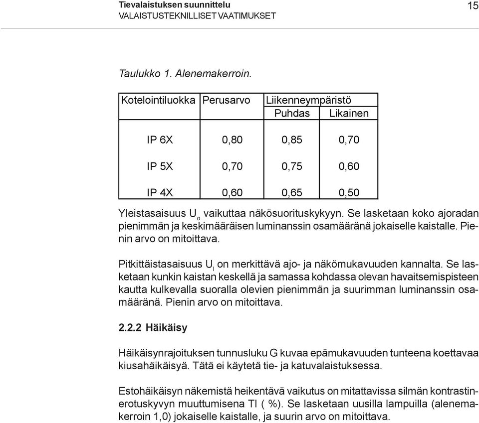 Se lasketaan koko ajoradan pienimmän ja keskimääräisen luminanssin osamääränä jokaiselle kaistalle. Pienin arvo on mitoittava. Pitkittäistasaisuus U l on merkittävä ajo- ja näkömukavuuden kannalta.