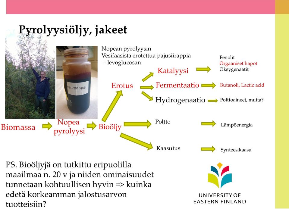 Biomassa Bioöljy Poltto Lämpöenergia Kaasutus Synteesikaasu PS. Bioöljyjä on tutkittu eripuolilla maailmaa n.