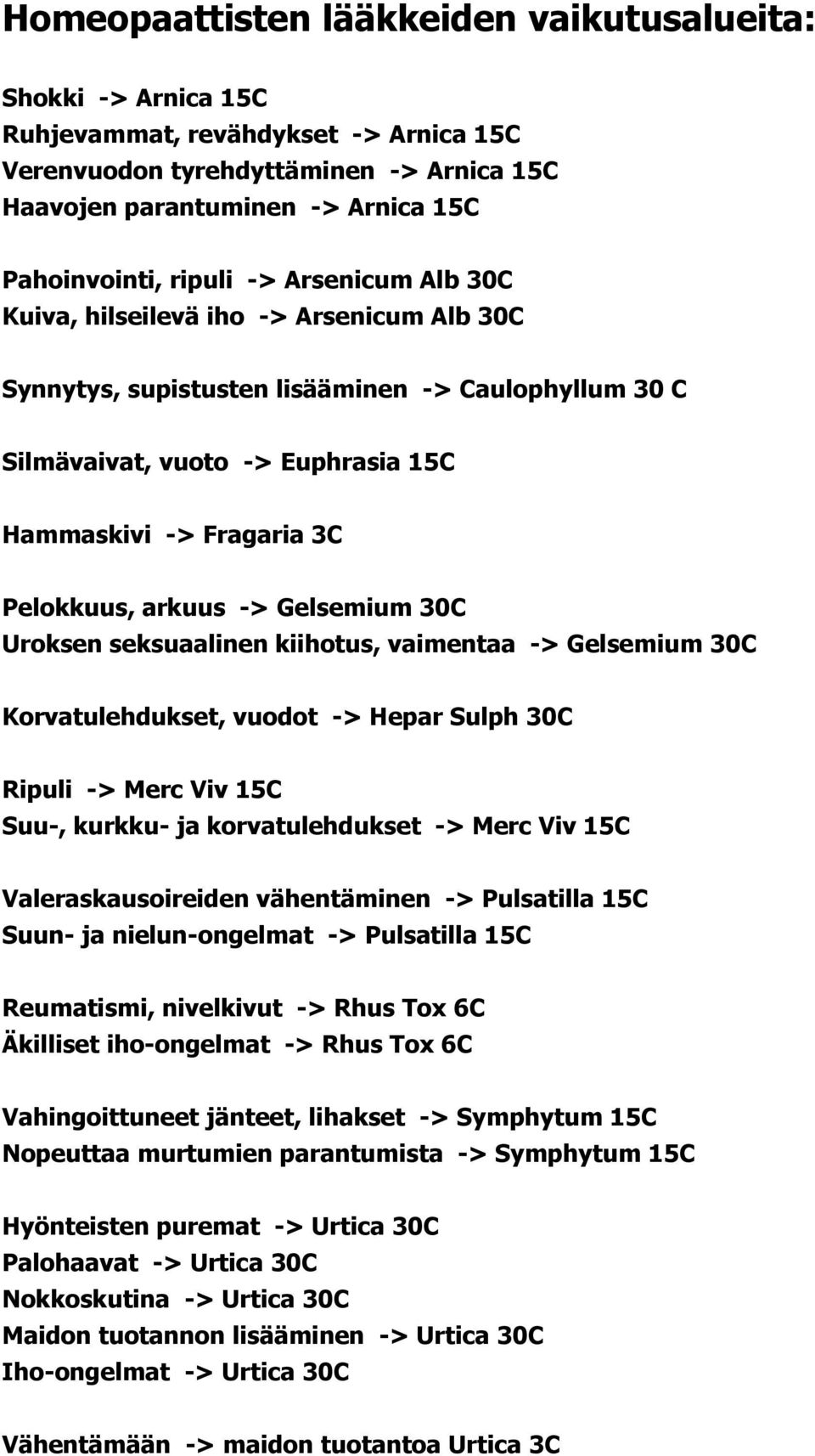 arkuus -> Gelsemium 30C Uroksen seksuaalinen kiihotus, vaimentaa -> Gelsemium 30C Korvatulehdukset, vuodot -> Hepar Sulph 30C Ripuli -> Merc Viv 15C Suu-, kurkku- ja korvatulehdukset -> Merc Viv 15C