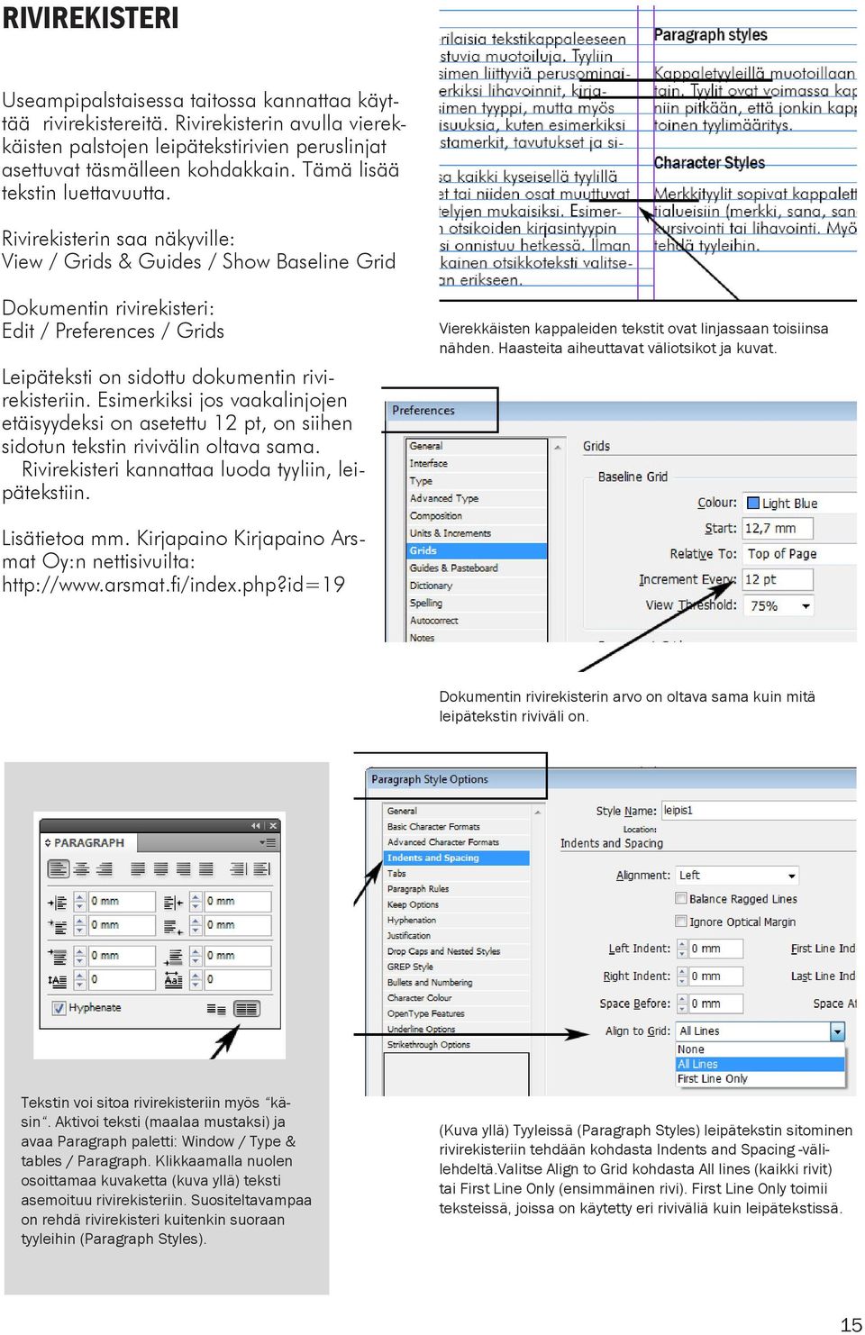 Rivirekisterin saa näkyville: View / Grids & Guides / Show Baseline Grid Dokumentin rivirekisteri: Edit / Preferences / Grids Leipäteksti on sidottu dokumentin rivirekisteriin.