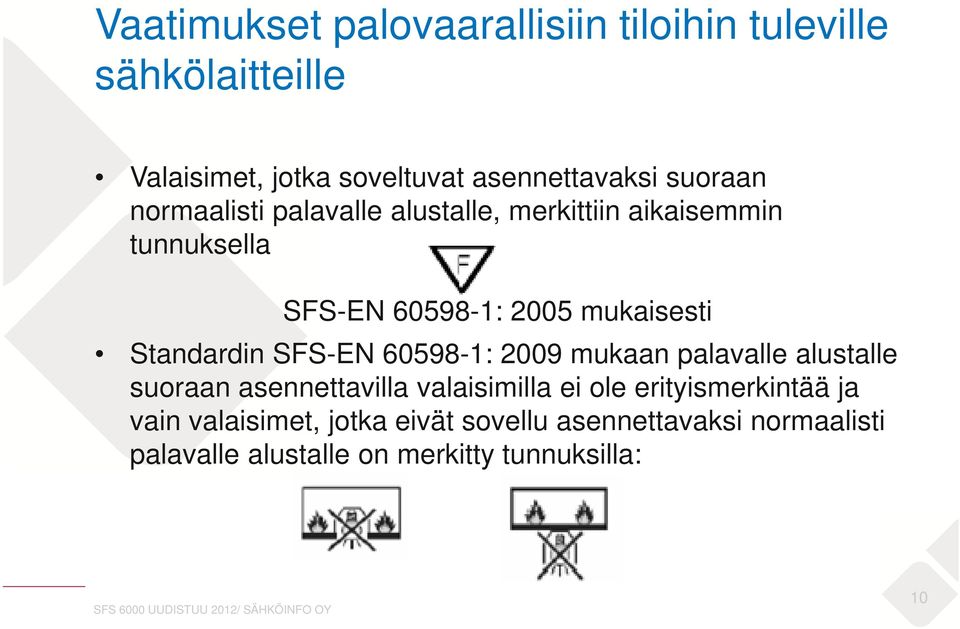 60598-1: 2009 mukaan palavalle alustalle suoraan asennettavilla valaisimilla ei ole erityismerkintää ja vain valaisimet,