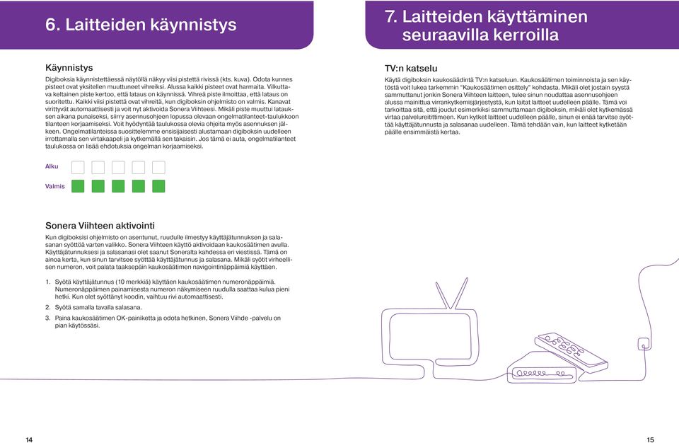 Vihreä piste ilmoittaa, että lataus on suoritettu. Kaikki viisi pistettä ovat vihreitä, kun digiboksin ohjelmisto on valmis. Kanavat virittyvät automaattisesti ja voit nyt aktivoida Sonera Viihteesi.