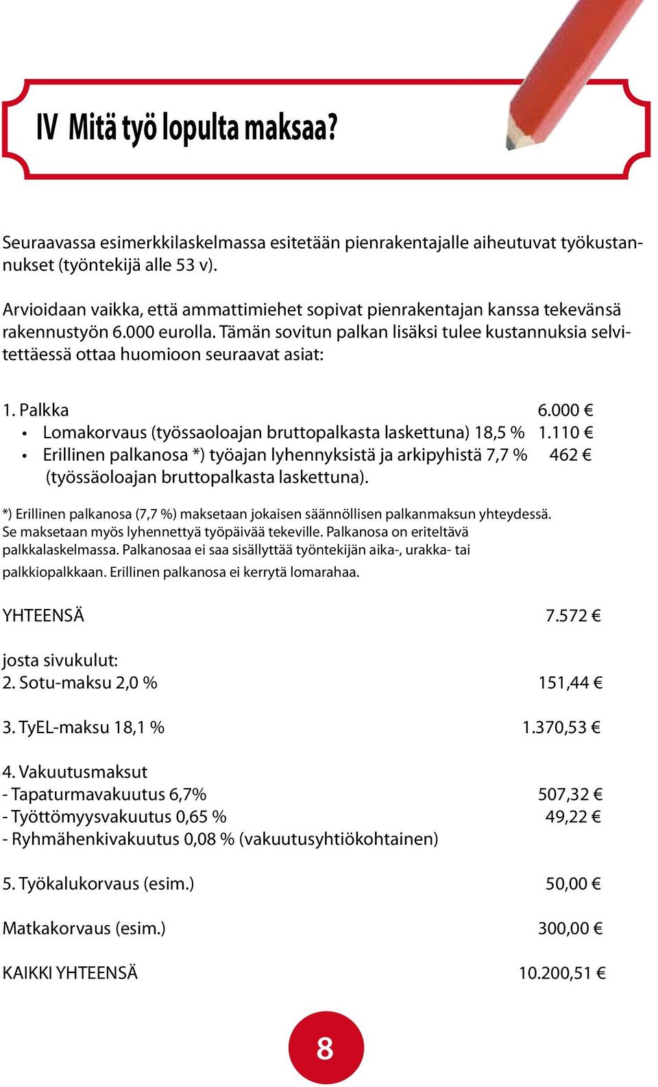 Tämän sovitun palkan lisäksi tulee kustannuksia selvitettäessä ottaa huomioon seuraavat asiat: 1. Palkka 6.000 Lomakorvaus (työssaoloajan bruttopalkasta laskettuna) 18,5 % 1.