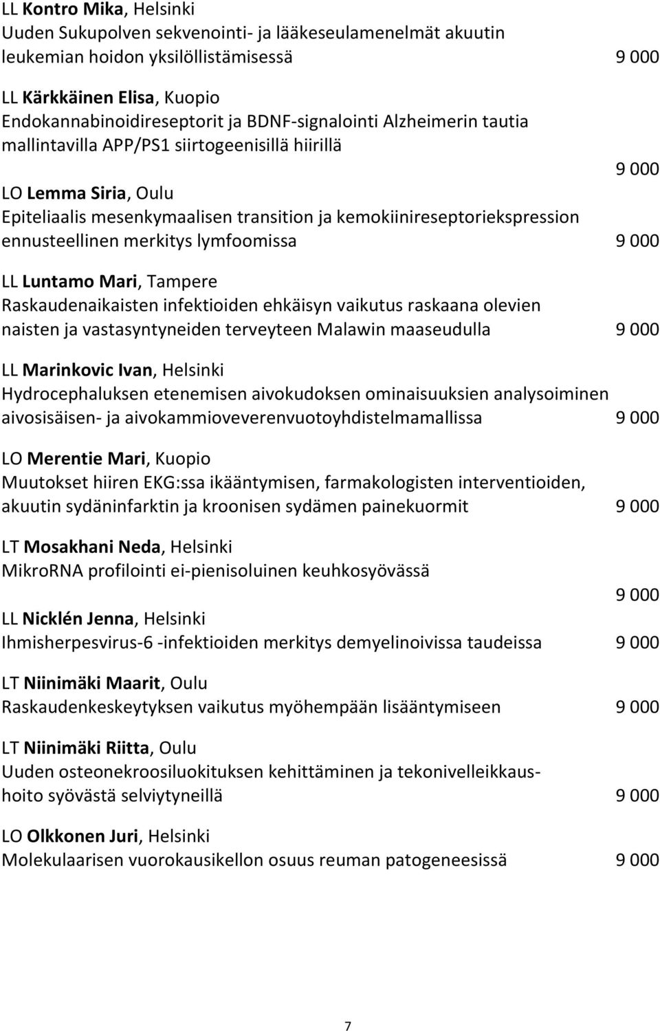 merkitys lymfoomissa 9 000 LL Luntamo Mari, Tampere Raskaudenaikaisten infektioiden ehkäisyn vaikutus raskaana olevien naisten ja vastasyntyneiden terveyteen Malawin maaseudulla 9 000 LL Marinkovic