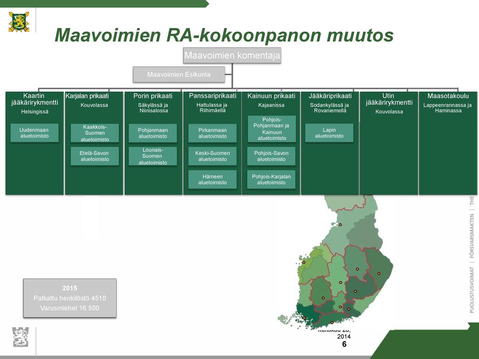 Pohjois- Pohjanmaan ja Kainuun Jääkäriprikaati Sodankylässä ja Rovaniemellä Lapin Utin jääkärirykmentti Kouvolassa Maasotakoulu Lappeenrannassa ja