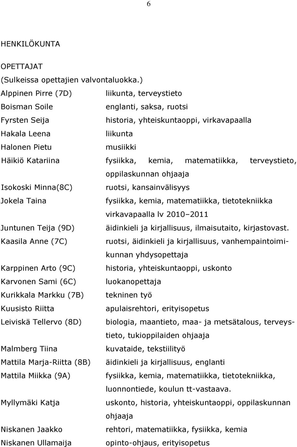 fysiikka, kemia, matematiikka, terveystieto, oppilaskunnan ohjaaja Isokoski Minna(8C) ruotsi, kansainvälisyys Jokela Taina fysiikka, kemia, matematiikka, tietotekniikka virkavapaalla lv 2010 2011