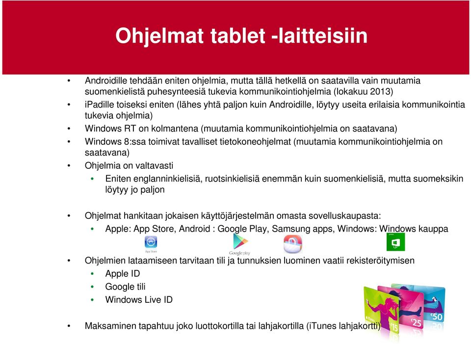 toimivat tavalliset tietokoneohjelmat (muutamia kommunikointiohjelmia on saatavana) Ohjelmia on valtavasti Eniten englanninkielisiä, ruotsinkielisiä enemmän kuin suomenkielisiä, mutta suomeksikin