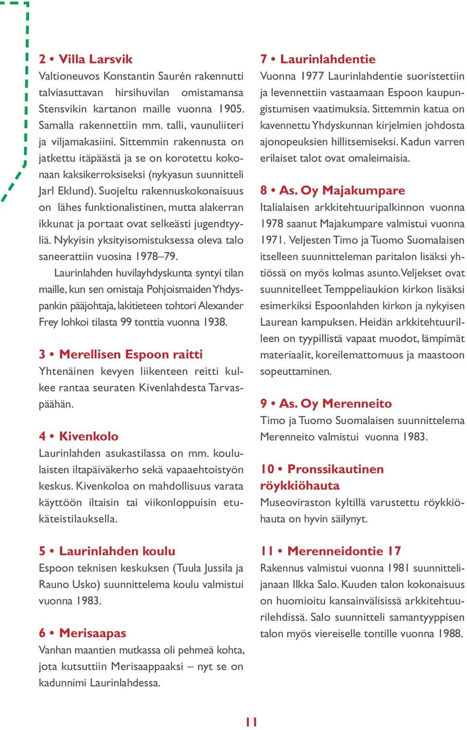 Suojeltu rakennuskokonaisuus on lähes funktionalistinen, mutta alakerran ikku nat ja portaat ovat selkeästi jugendtyyliä. Nykyisin yksityisomistuksessa oleva talo saneerattiin vuosina 1978 79.