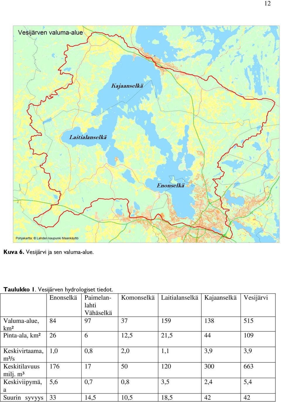 Enonselkä Paimelan- Komonselkä Laitialanselkä Kajaanselkä Vesijärvi lahti Vähäselkä Valuma-alue, 84 97 37 159