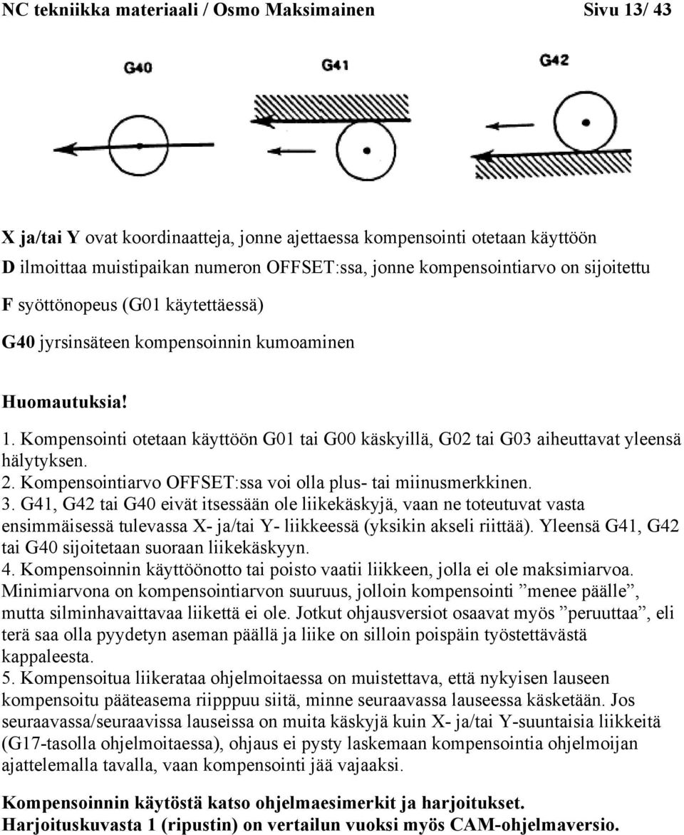 Kompensointi otetaan käyttöön G01 tai G00 käskyillä, G02 tai G03 aiheuttavat yleensä hälytyksen. 2. Kompensointiarvo OFFSET:ssa voi olla plus- tai miinusmerkkinen. 3.