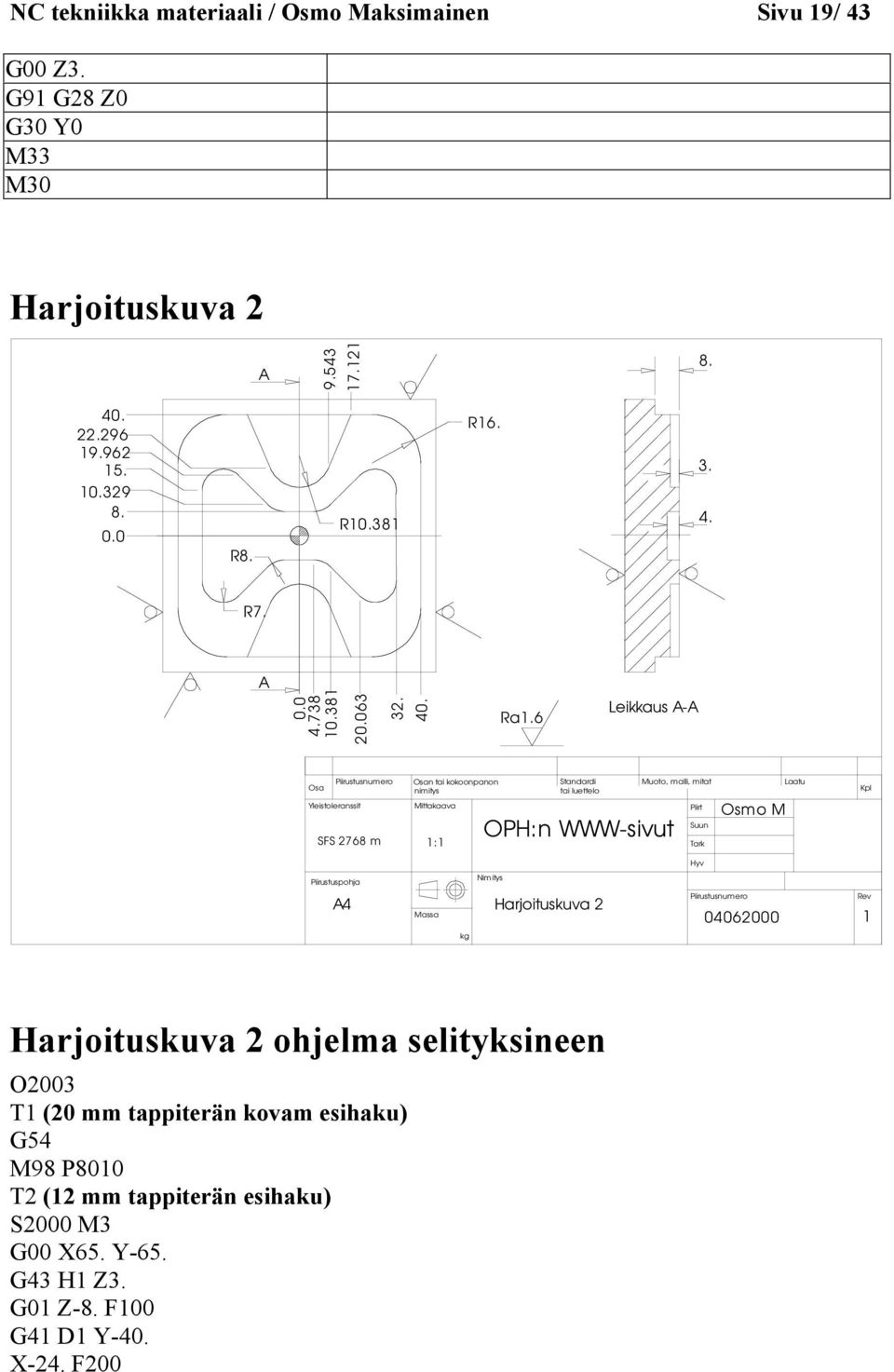 6 Leikkaus A-A Osa Yleistoleranssit Piirustusnumero SFS 2768 m 1:1 Osan tai kokoonpanon nimitys Mittakaava Standardi tai luettelo OPH:n WWW-sivut Muoto, malli, mitat Piirt Suun