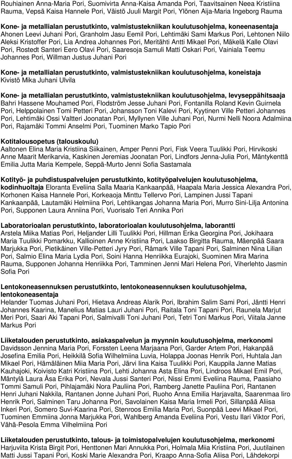 Lia Andrea Johannes Pori, Meritähti Antti Mikael Pori, Mäkelä Kalle Olavi Pori, Rostedt Santeri Eero Olavi Pori, Saaresoja Samuli Matti Oskari Pori, Vainiala Teemu Johannes Pori, Willman Justus