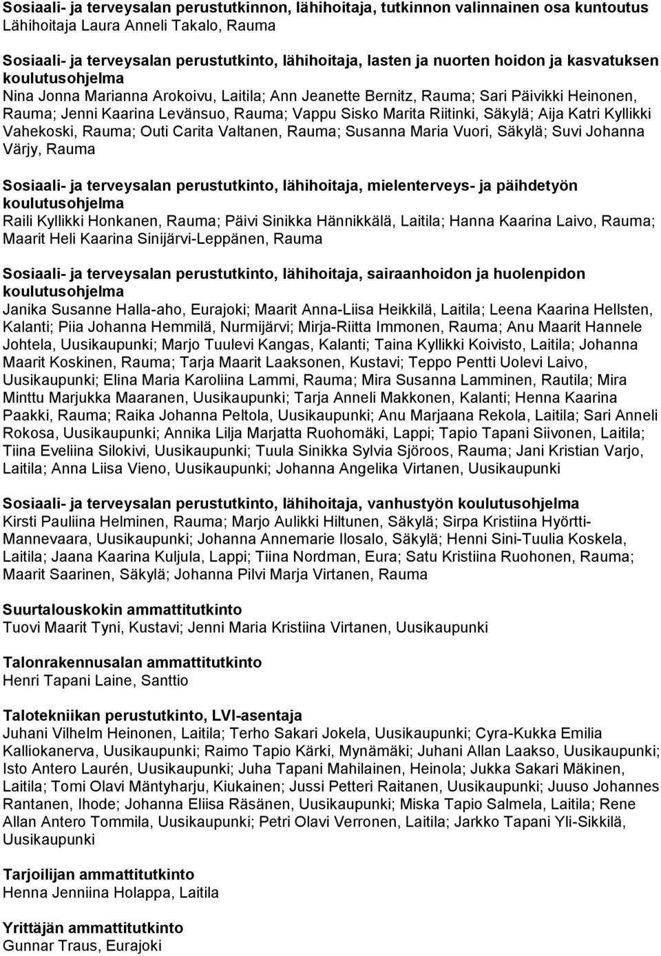 Kyllikki Vahekoski, Rauma; Outi Carita Valtanen, Rauma; Susanna Maria Vuori, Säkylä; Suvi Johanna Värjy, Rauma Sosiaali- ja terveysalan perustutkinto, lähihoitaja, mielenterveys- ja päihdetyön Raili