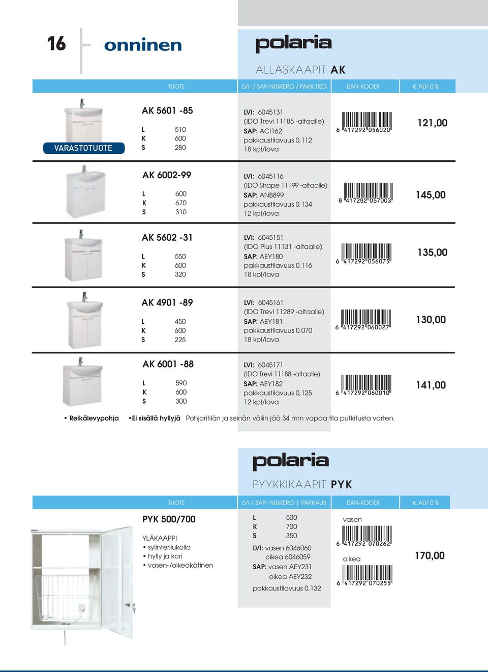 ANB899 pakkaustilavuus 0,134 12 kpl/lava 145,00 AK 5602-31 L 550 K 600 S 320 6045151 (IDO Plus 11131 -altaalle) AEY180 pakkaustilavuus 0,116 18 kpl/lava 135,00 AK 4901-89 L 450 K 600 S 225 6045161