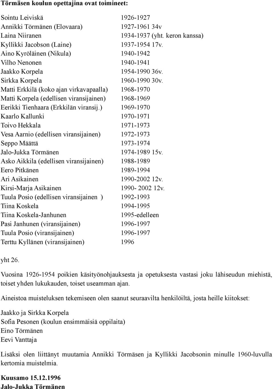 Matti Erkkilä (koko ajan virkavapaalla) 1968-1970 Matti Korpela (edellisen viransijainen) 1968-1969 Eerikki Tienhaara (Erkkilän viransij.