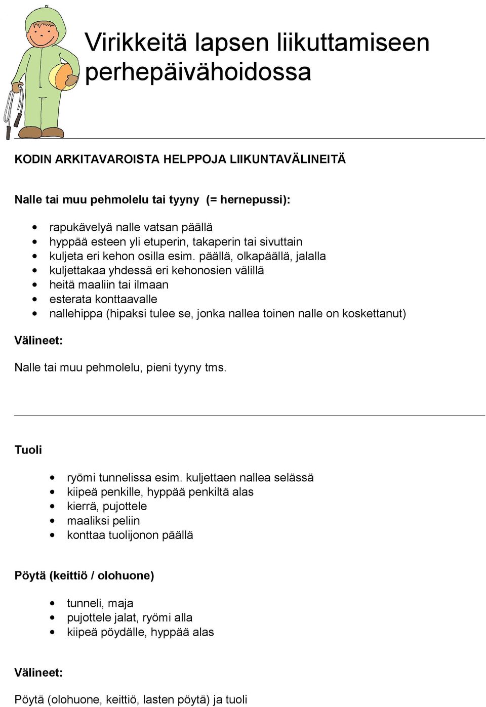 päällä, olkapäällä, jalalla kuljettakaa yhdessä eri kehonosien välillä heitä maaliin tai ilmaan esterata konttaavalle nallehippa (hipaksi tulee se, jonka nallea toinen nalle on koskettanut)