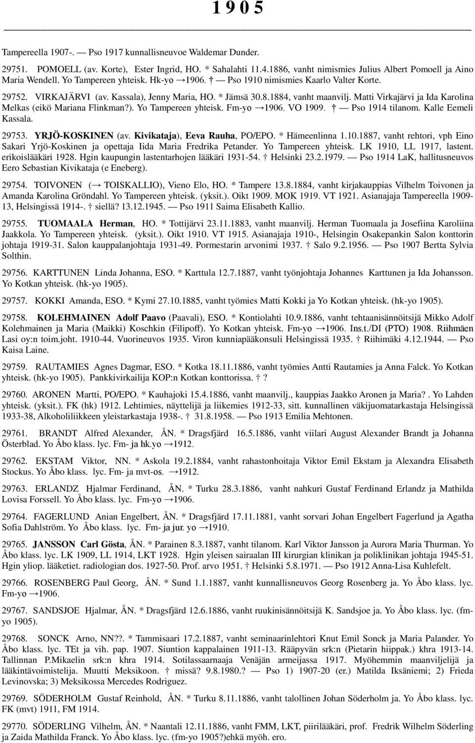 Matti Virkajärvi ja Ida Karolina Melkas (eikö Mariana Flinkman?). Yo Tampereen yhteisk. Fm-yo 1906. VO 1909. Pso 1914 tilanom. Kalle Eemeli Kassala. 29753. YRJÖ-KOSKINEN (av.