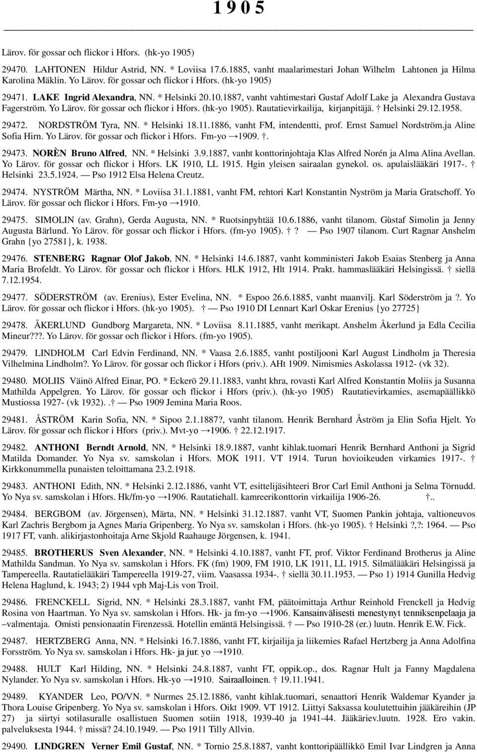 för gossar och flickor i Hfors. (hk-yo 1905). Rautatievirkailija, kirjanpitäjä. Helsinki 29.12.1958. 29472. NORDSTRÖM Tyra, NN. * Helsinki 18.11.1886, vanht FM, intendentti, prof.