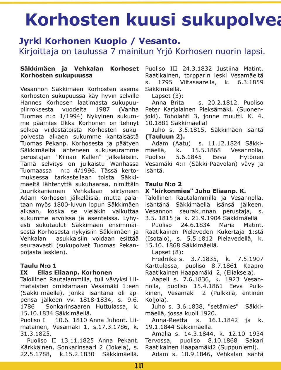 Tuomas n:o 1/1994) Nykyinen sukumme päämies Ilkka Korhonen on tehnyt selkoa viidestätoista Korhosten sukupolvesta alkaen sukumme kantaisästä Tuomas Pekanp.