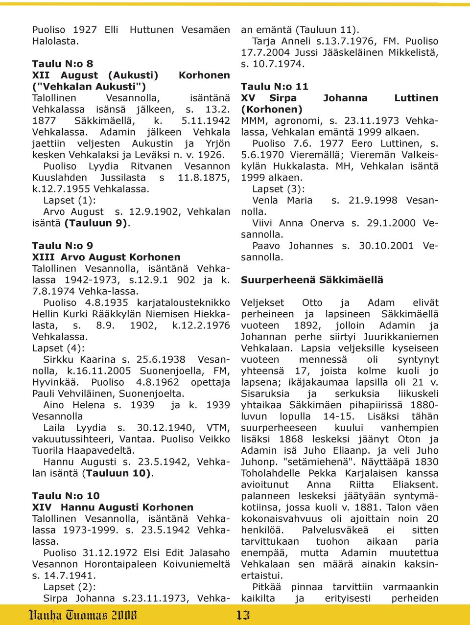 , k.12.7.1955 Vehkalassa. Lapset (1): Arvo August s. 12.9.1902, Vehkalan isäntä (Tauluun 9). Taulu N:o 9 XIII Arvo August Korhonen Talollinen Vesannolla, isäntänä Vehkalassa 1942-1973, s.12.9.1 902 ja k.