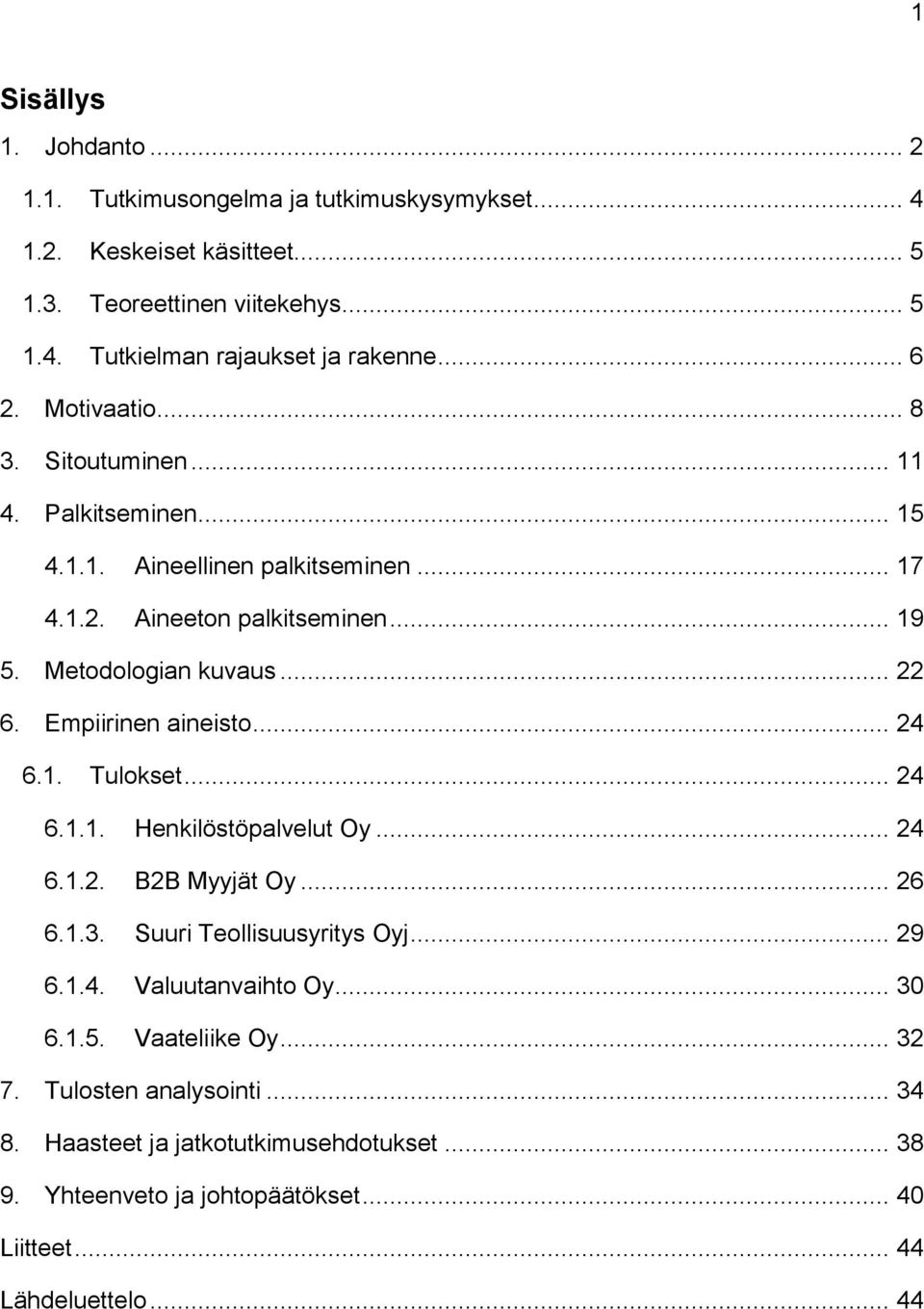 Empiirinen aineisto... 24 6.1. Tulokset... 24 6.1.1. Henkilöstöpalvelut Oy... 24 6.1.2. B2B Myyjät Oy... 26 6.1.3. Suuri Teollisuusyritys Oyj... 29 6.1.4. Valuutanvaihto Oy.