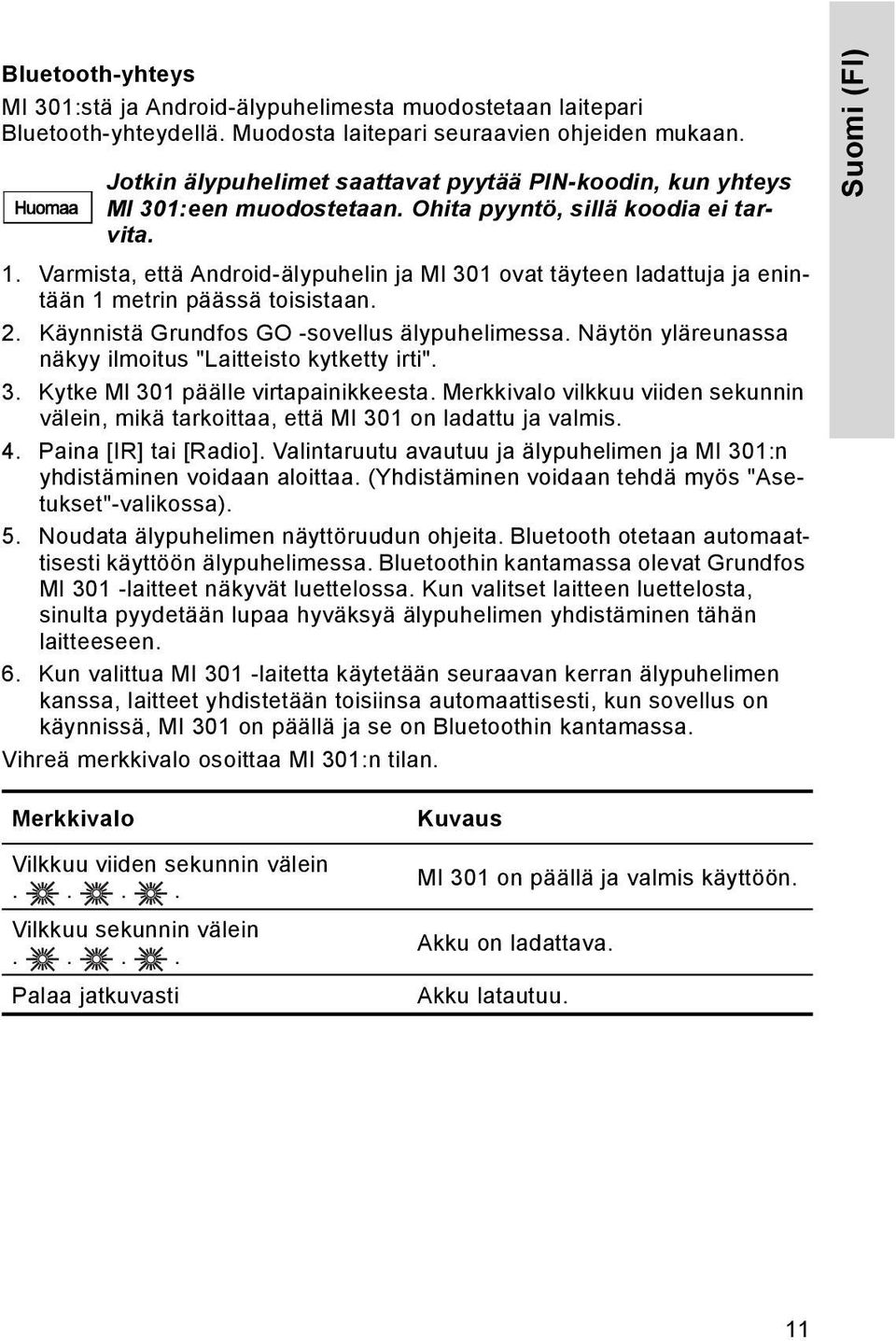 Varmista, että Android-älypuhelin ja MI 301 ovat täyteen ladattuja ja enintään 1 metrin päässä toisistaan. 2. Käynnistä Grundfos GO -sovellus älypuhelimessa.