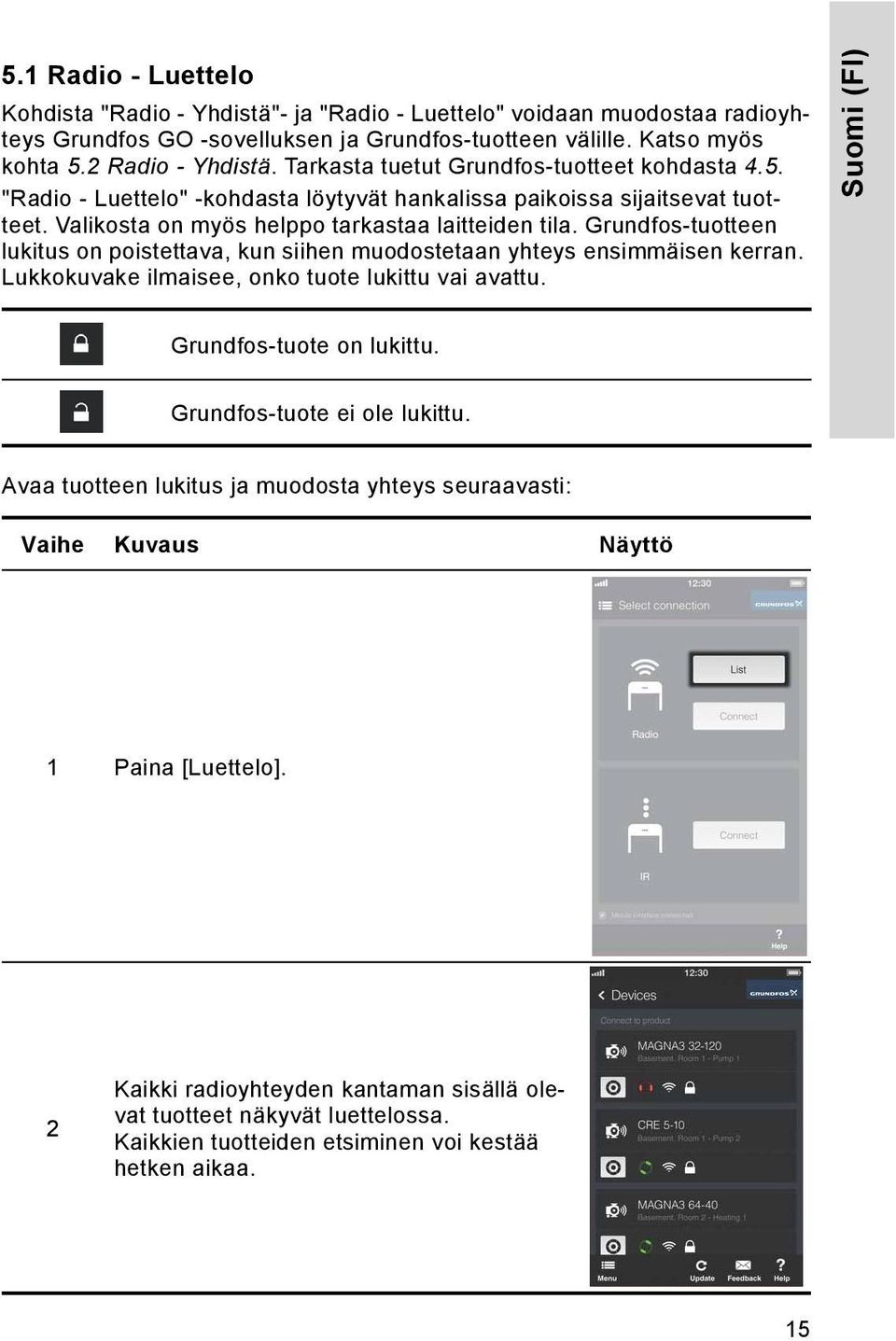 Grundfos-tuotteen lukitus on poistettava, kun siihen muodostetaan yhteys ensimmäisen kerran. Lukkokuvake ilmaisee, onko tuote lukittu vai avattu. Suomi (FI) Grundfos-tuote on lukittu.