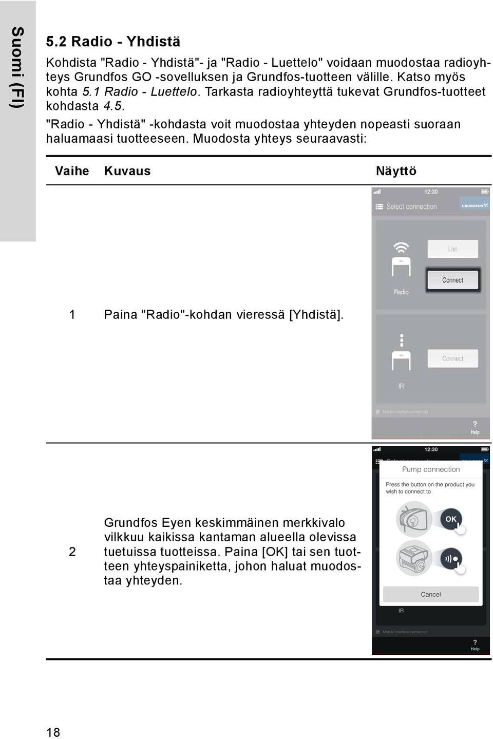 Katso myös kohta 5.1 Radio - Luettelo. Tarkasta radioyhteyttä tukevat Grundfos-tuotteet kohdasta 4.5. "Radio - Yhdistä" -kohdasta voit muodostaa yhteyden nopeasti suoraan haluamaasi tuotteeseen.