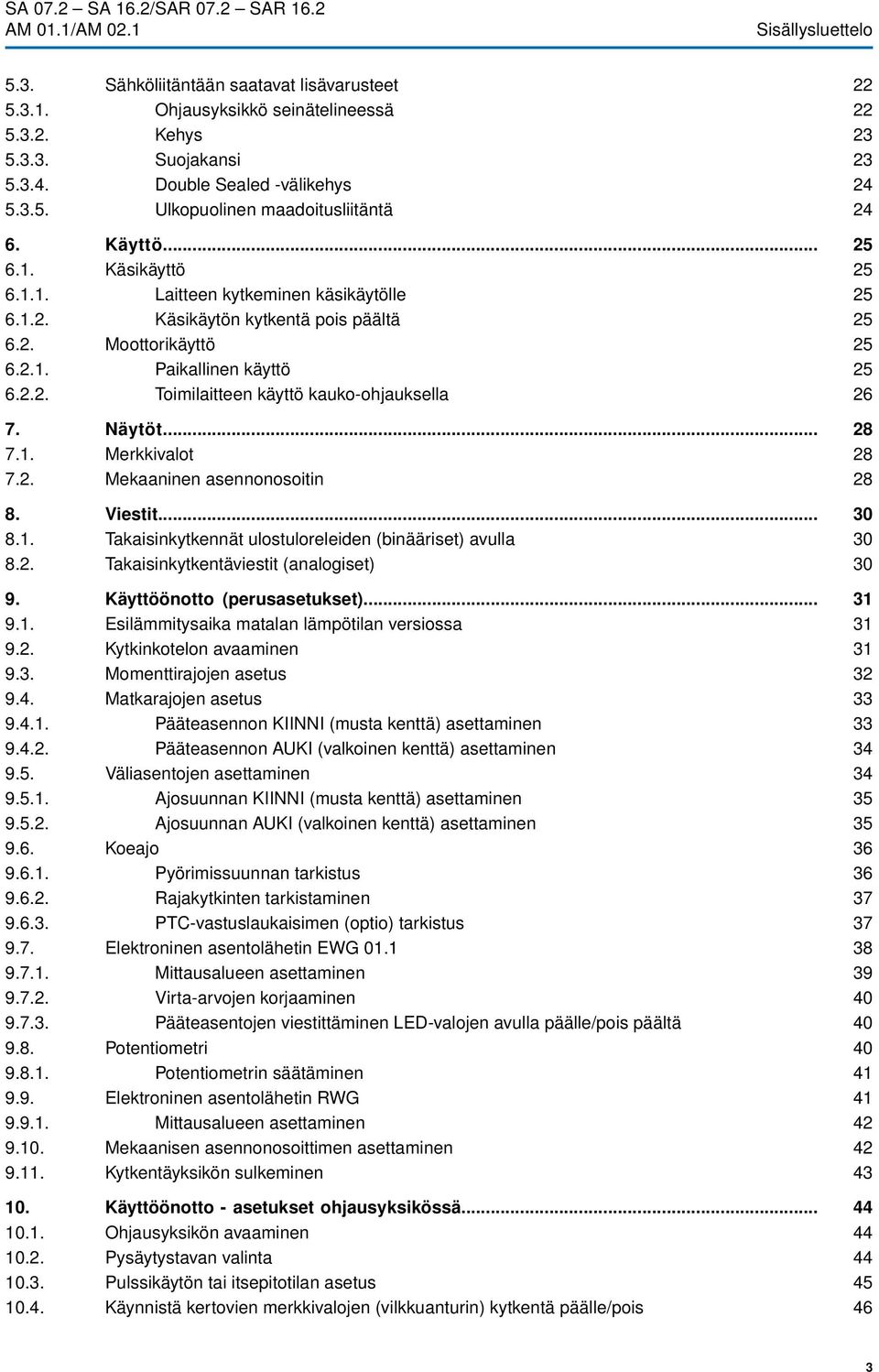 Näytöt... 7.1. Merkkivalot 7.2. Mekaaninen asennonosoitin 8. Viestit... 8.1. Takaisinkytkennät ulostuloreleiden (binääriset) avulla 8.2. Takaisinkytkentäviestit (analogiset) 9.