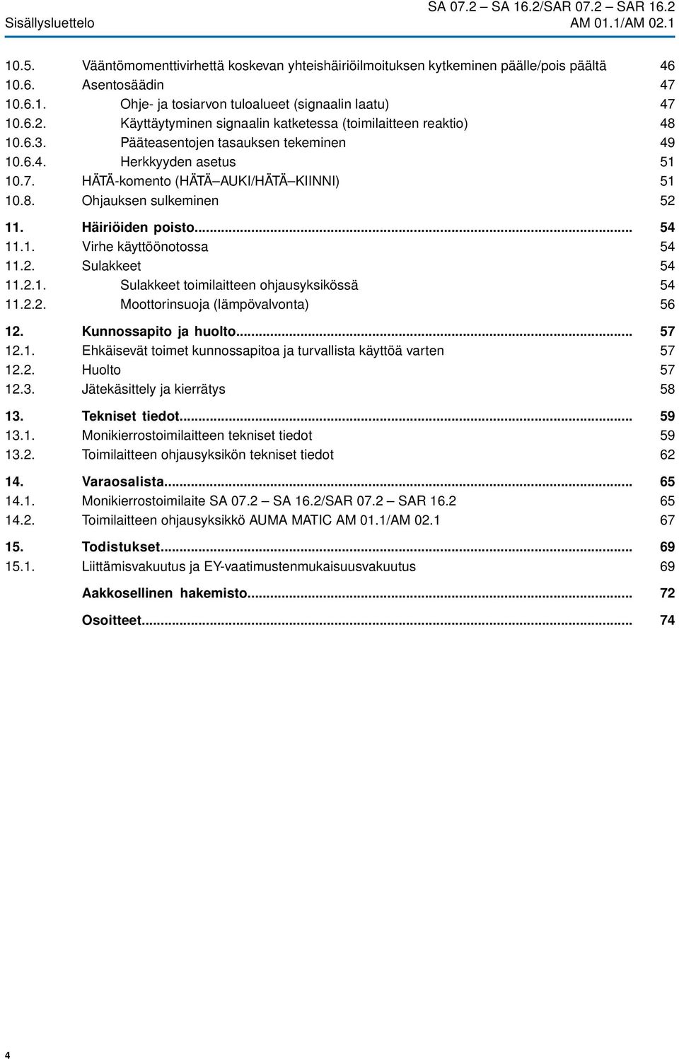 Ohjauksen sulkeminen 11. Häiriöiden poisto... 11.1. Virhe käyttöönotossa 11.2. Sulakkeet 11.2.1. Sulakkeet toimilaitteen ohjausyksikössä 11.2.2. Moottorinsuoja (lämpövalvonta) 12.