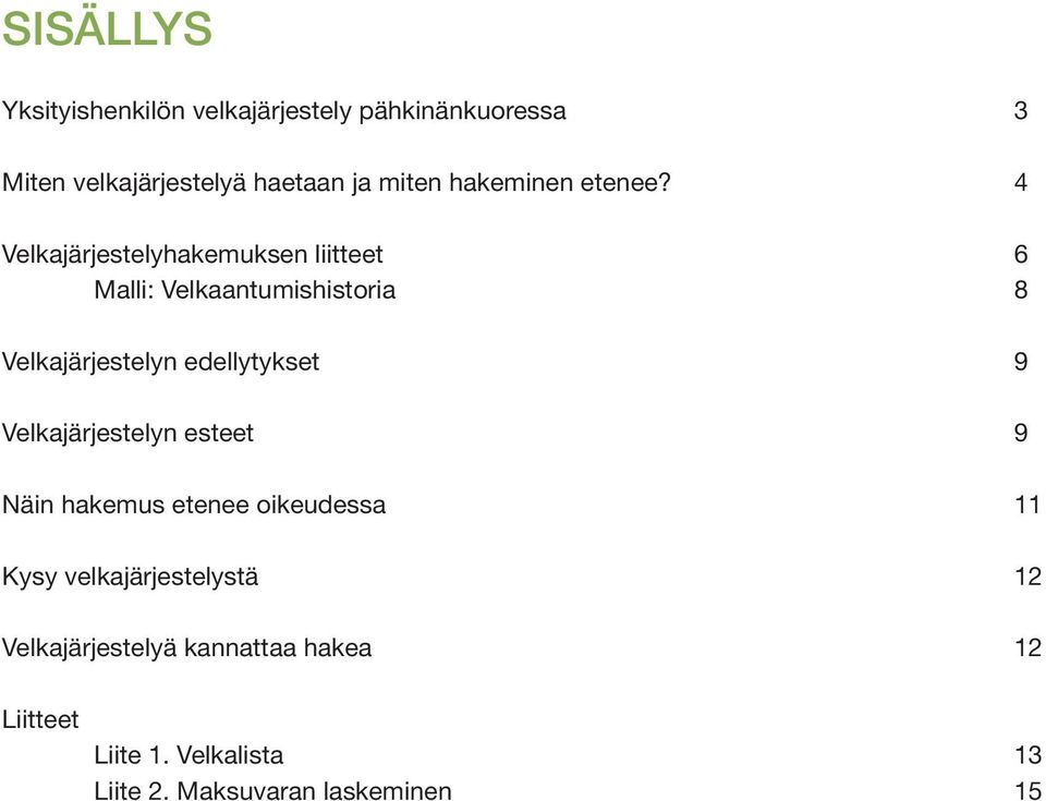 4 Velkajärjestelyhakemuksen liitteet 6 Malli: Velkaantumishistoria 8 Velkajärjestelyn edellytykset 9