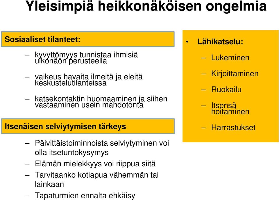 selviytymisen tärkeys Lähikatselu: Lukeminen Kirjoittaminen Ruokailu Itsensä hoitaminen Harrastukset Päivittäistoiminnoista