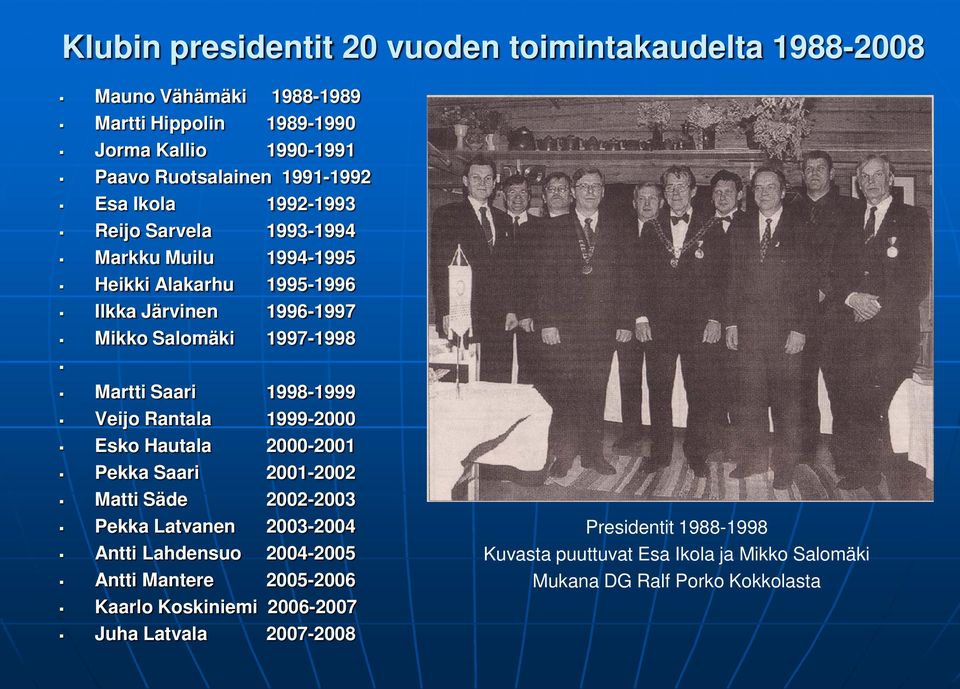 1998-1999 Veijo Rantala 1999-2000 Esko Hautala 2000-2001 Pekka Saari 2001-2002 Matti Säde 2002-2003 Pekka Latvanen 2003-2004 Antti Lahdensuo 2004-2005 Antti