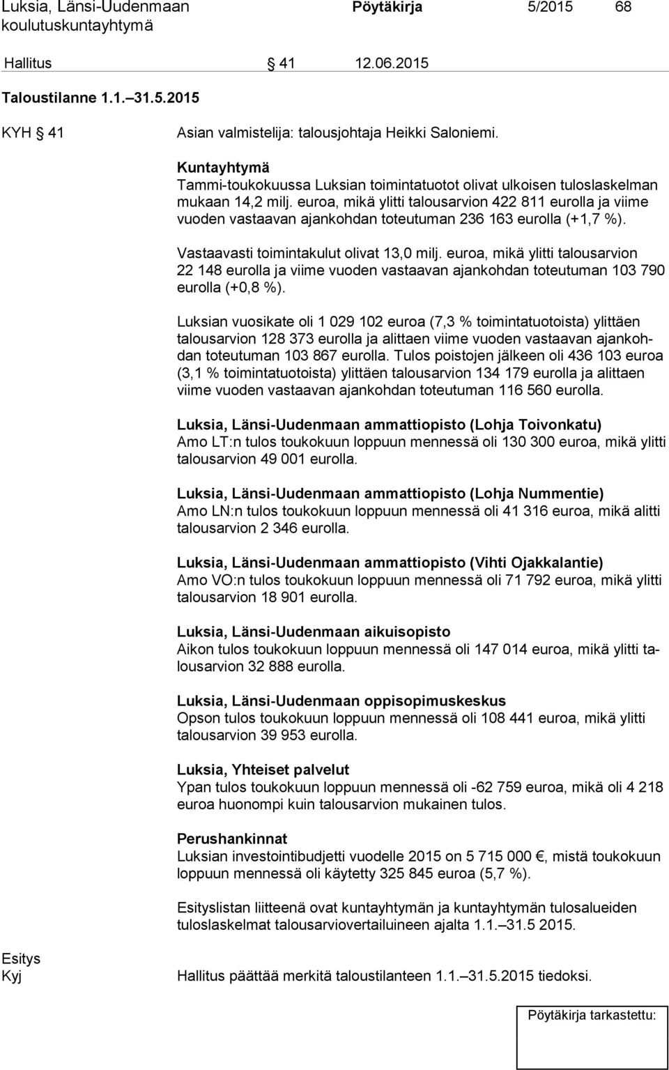 euroa, mikä ylitti talousarvion 422 811 eurolla ja viime vuoden vastaavan ajankohdan toteutuman 236 163 eurolla (+1,7 %). Vastaavasti toimintakulut olivat 13,0 milj.