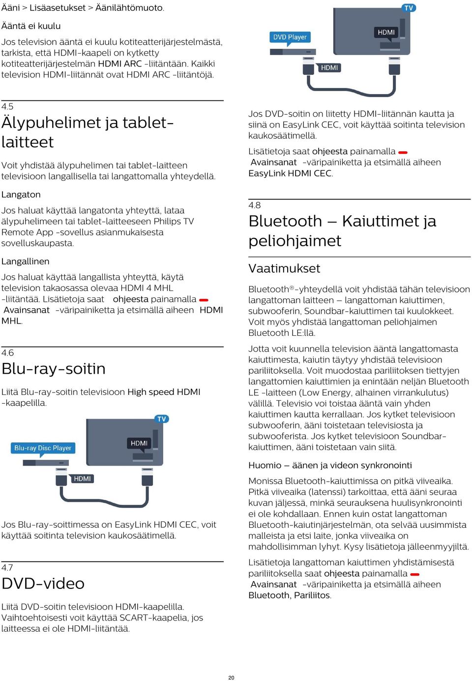 Älypuhelimet ja tabletlaitteet Lisätietoja saat ohjeesta painamalla Avainsanat -väripainiketta ja etsimällä aiheen EasyLink HDMI CEC.