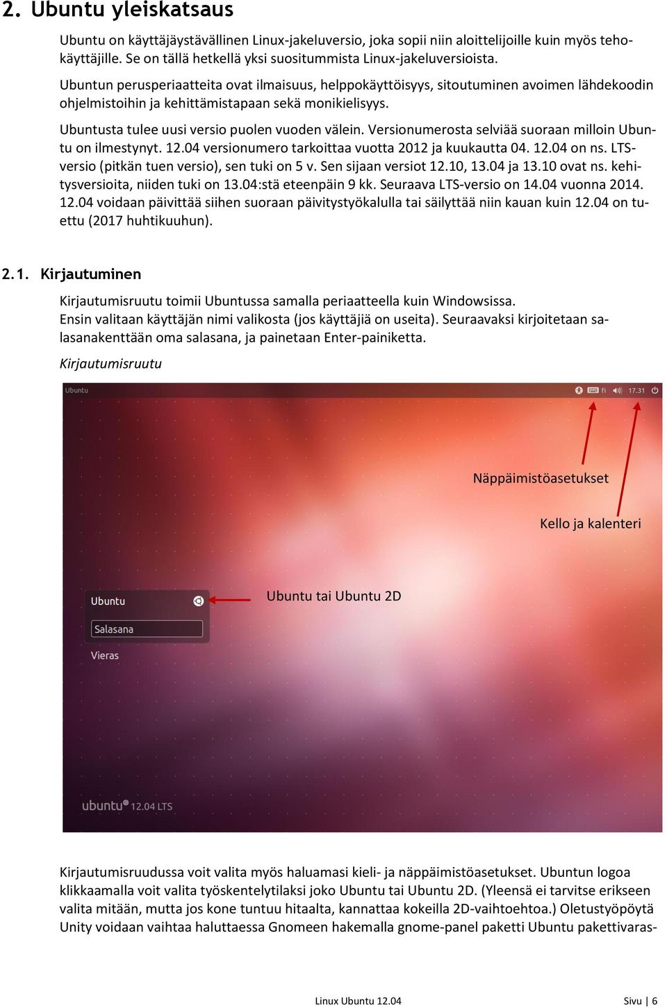 Versionumerosta selviää suoraan milloin Ubuntu on ilmestynyt. 12.04 versionumero tarkoittaa vuotta 2012 ja kuukautta 04. 12.04 on ns. LTSversio (pitkän tuen versio), sen tuki on 5 v.