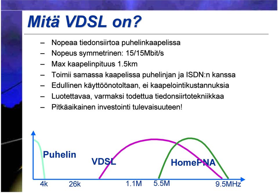 1.5km Toimii samassa kaapelissa puhelinjan ja ISDN:n kanssa Edullinen käyttöönotoltaan,