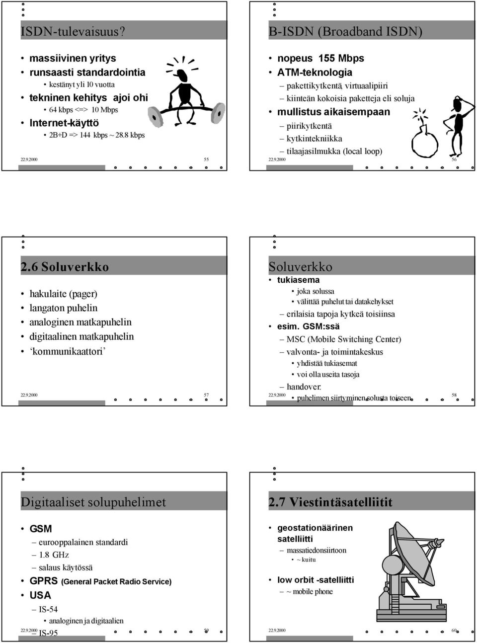 2000 55 nopeus 155 Mbps ATM-teknologia pakettikytkentä, virtuaalipiiri kiinteän kokoisia paketteja eli soluja mullistus aikaisempaan piirikytkentä kytkintekniikka tilaajasilmukka (local loop) 22.9.